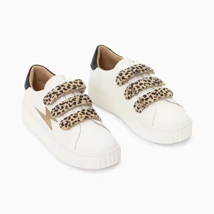 Zapatillas para mujer Vanessa Wu Maggie en Blanco y Oro con Cierres de Velcro de Leopardo - 1