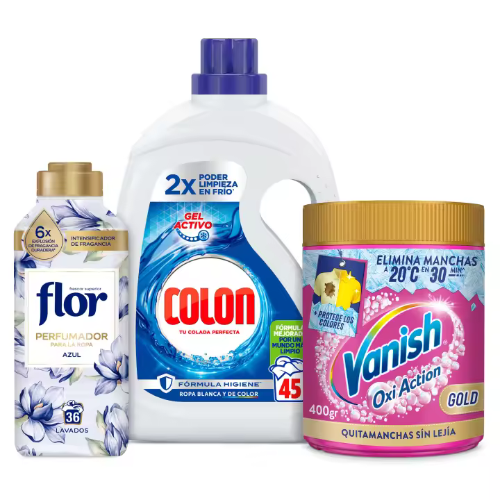 Colon Gel Activo 45 Lavados + Flor Perfumador Azul 36 lavados + Vanish Oxi Action Gold 400gr | Pack para una colada impecable con frescor intenso y eliminación de manchas - 1