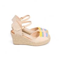 HLUNA - Sandalia de Cuña con Tacón 8cm - Zapatos Esparto - Puntera Cerrada - Blanco imitación de cuero con tiras de Colorines - HYJ23-9 - details 1