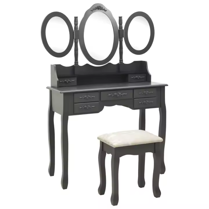 vidaXL Tocador con taburete y espejo triple plegable gris - 1