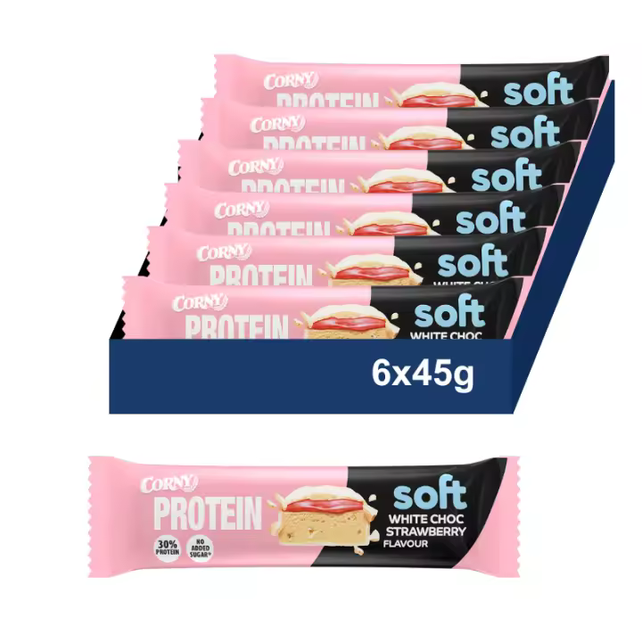 Corny Protein Soft 30% Proteína de Chocolate blanco y fresa, 0% Azúcares Añadidos 6x45g - 1