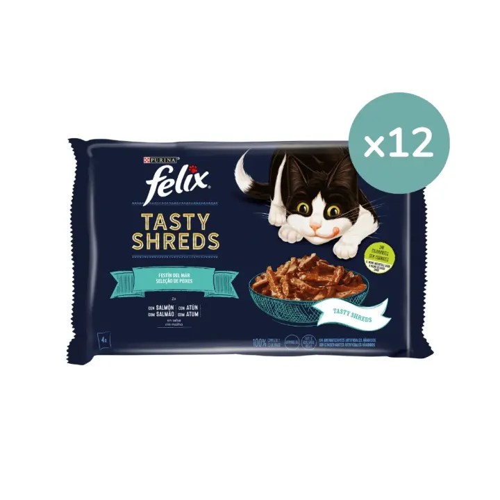 FELIX - Tasty Shreds (48x80 gr) - Comida Húmeda Festín del Mar (Salmón y Atún) (12x4x80 gr) - 1