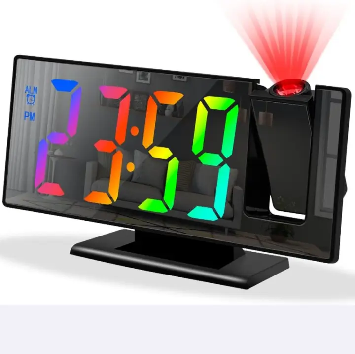 Despertador con proyección de Espejo LED, pantalla grande de 7,8 ", 4 niveles de Brillo, función de Repetición, Alarma PARA EL Día Laboral-Fuente colorida - 1