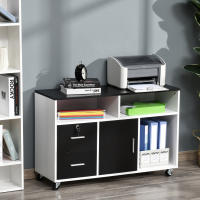 HOMCOM Mueble Auxiliar de Oficina Mueble Archivador con Ruedas Estantes y Cajones Armario Multiusos con Gran Almacenaje 100x35x65 cm Negro y Blanco - details 1