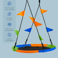 Outsunny Columpio de Jardín Nido Ø100x120-180 cm Altura Ajustable con Cuerdas y Banderas para Niños y Adultos Carga 80 kg Interior y Exterior Multicolor - details 1