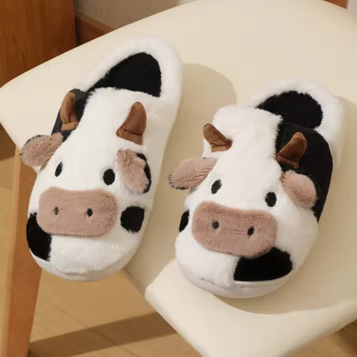 Pantuflas De Invierno Para Parejas Con Diseño De Vaca De Peluche Cálido Antideslizantes Comodidad Para Hombres Y Mujeres - 1