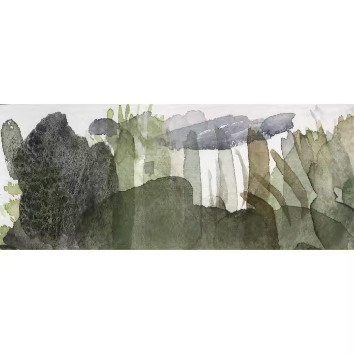 Cuadro decorativo abstracto horizontal grande "Bosque Velado" 65x160 70x170  Lienzo impreso Alta Calidad Pintura atmósfera bosque Acuarela verdes grises Arte contemporáneo moderno Ref ANA DURAN A 375 - 1