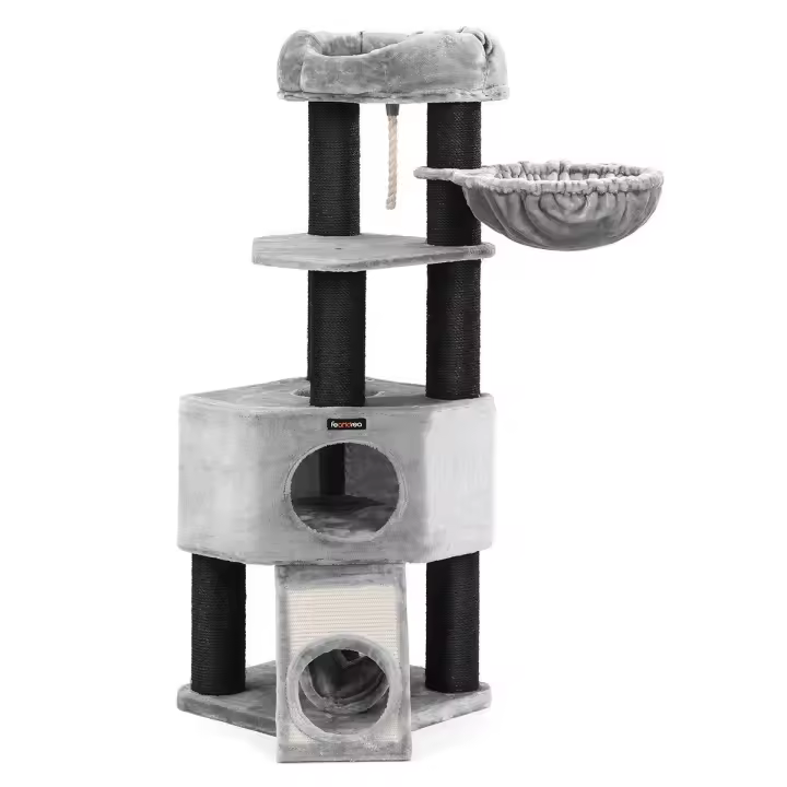 Rascador para gatos con plataforma, tumbona de cesta, cueva grande, postes de sisal gruesos, estable, gris claro - 1