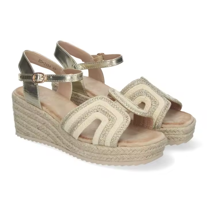 PuntoSalao Sandalias doradas de cuña en yute pala abierta para mujer BD-3124 - 1