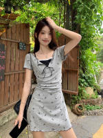 Vestido Mini Estampado Con Lazo Dos Piezas Para Mujer Verano Patchwork En Raso Manga Corta Estilo Y2K Streetwear Coreano Slim Fit - details 0