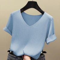 Camiseta De Mujer De Verano Con Cuello En V Y Manga Corta Tejida En Color Negro Y Naranja Estilo Slim Para Ocio Casual - details 14