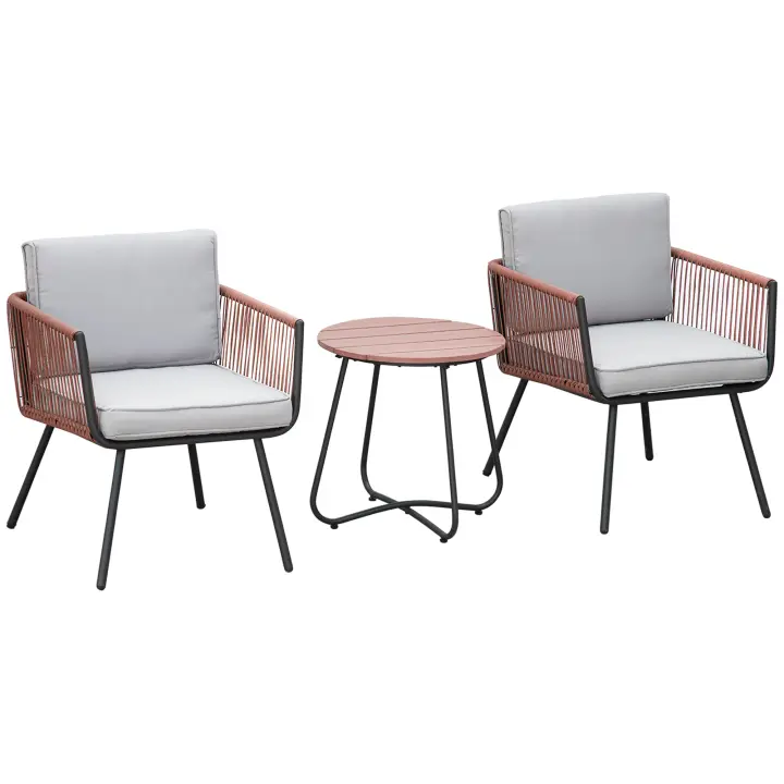 Outsunny Conjunto de Muebles de Jardín de Ratán 3 Piezas Juego de Muebles de Terraza Incluye 1 Mesa de Centro y 2 Sillones con Cojines Acolchados Naranja y Gris - 1