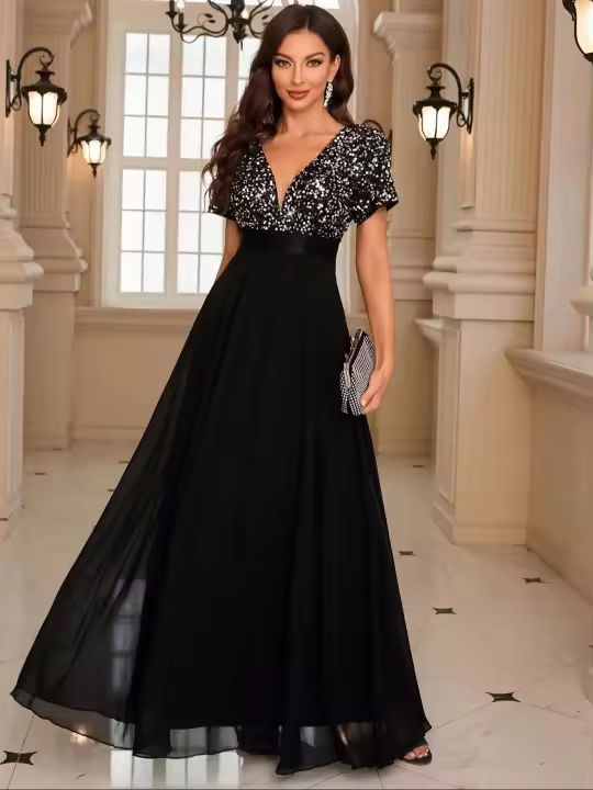 Vestido Formal De Talla Fina Unithorse Elegante Con Lentejuelas Y Chiffon Vestido De Fiesta De Mujer De Cuello V Largo - 1