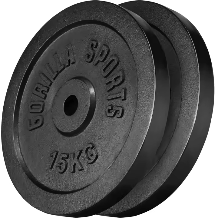 Gorilla Sports Discos de pesas de hierro fundido 2x 15 kg en negro - 1