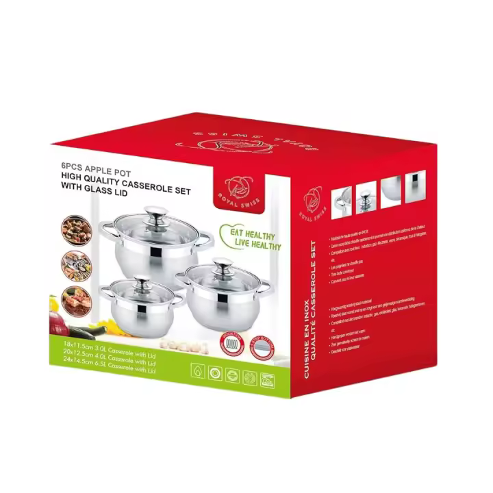 Set olla - juegos de ollas - 6 piezas - marca ROYAL SWISS  - apto para todo tipo de fuegos - INDUCCIÓN - ACERO INOXIDABLE -  6.5/4.0/3.0 LITROS - 1