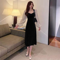 Vestido Elegante De Mujer Verano 2025 Chiffón Manga Aplanada Vintage Negro Veludo Cuello V A-Line Midi Moda Coreana - details 5