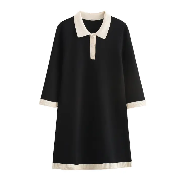 Women Polo Collar With Elbow-length Sleeves Short Knit Dress Vintage Patchwork Black Autumn Mini Dresses Casual Vestidos - 1
