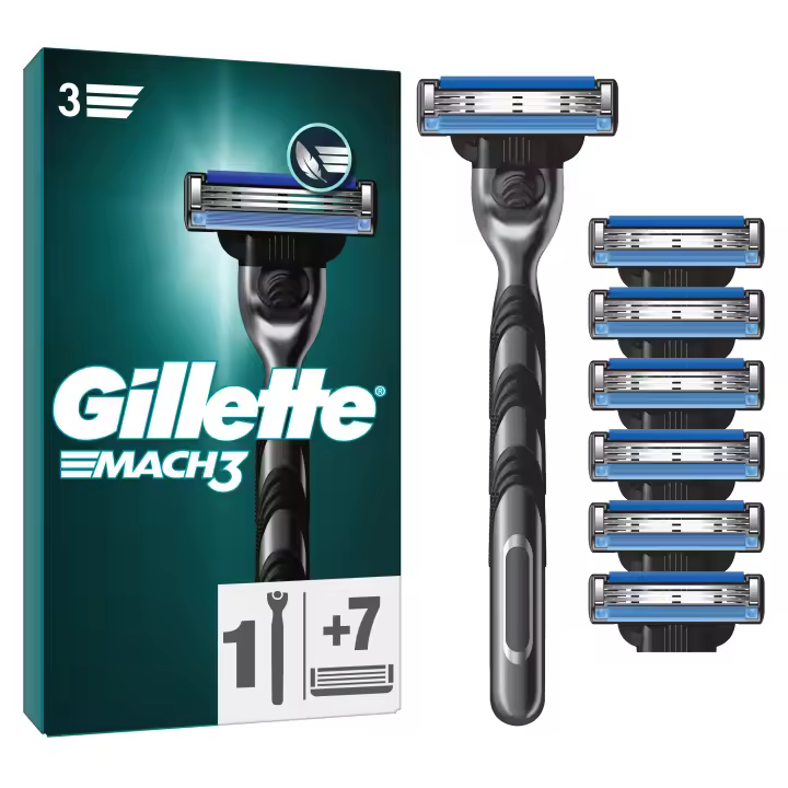 Gillette Mach3 Base Pack de 7 Recambios Para Maquinillas De Afeitar Para Hombre, Cuchillas de Afeitar Con 3 Hojas y Banda Lubricante Para Un Afeitado Suave, Compatible Con Todos Los Mangos Mach3 + Maquinilla de REGALO - 1