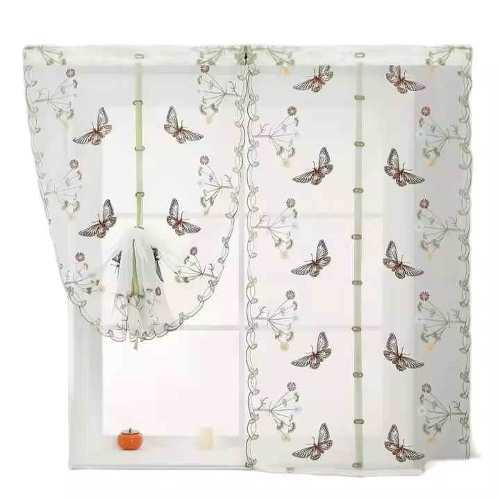 Panel De Cortina Semi-Translúcido Con Mariposas Para Dormitorio Y Cocina Estilo Europeo Y Americano 100% Poliéster Sin Ajuste Al Techo - 1