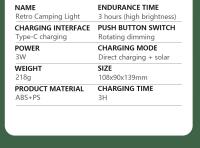 Lámpara De Camping Retro Portátil Lanternas Solares/Carga Tipo-C Luz De Emergencia Para Colgar En La Tienda De Acampar Y Escalada Al Aire Libre Jardín - details 14