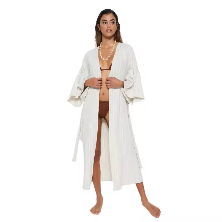 Trendyol Khaki Belted Maxi Woven Flounce Linen Blend Beach Kimono&Caftan Tbess23Km00028 - 1