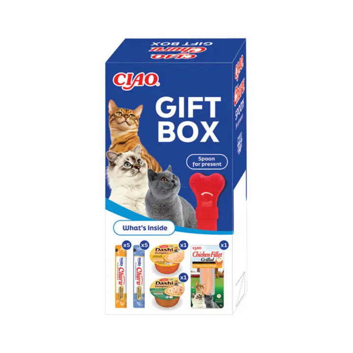 CIAO CHURU GIFT BOX PARA GATOS. Caja multiproducto para gatos ideal para regalar y degustar los Best Sellers de Inaba Ciao esta Navidad. Incluye una cuchara especial para dar Churu a los gatos y 13 productos Churu - 1