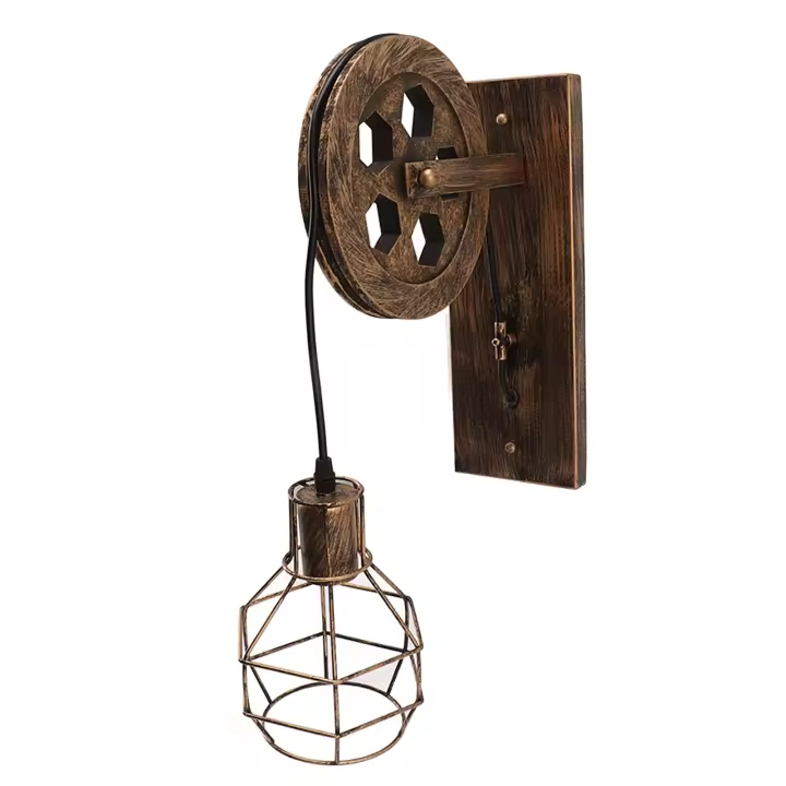 Lámpara de pared Retro de Hierro y Madera E27 E26, aplicación de pared de polea de Elevación Industrial Vintage with Pantalla de lámpara de Jaula Para cafetería en casa - 1