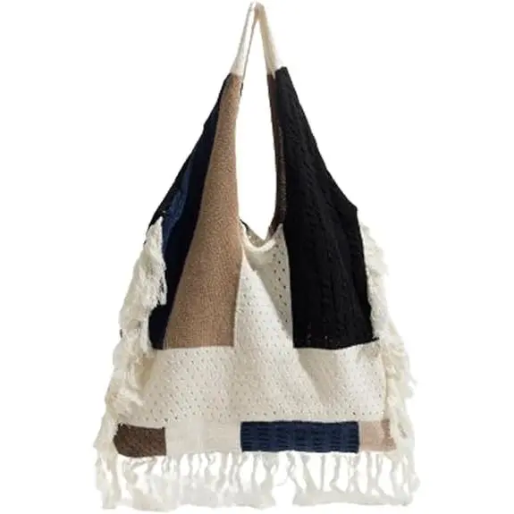 Bolso de hombre de crochet para Mujer, de Malla Tejida con borlas, color Blanco - 1