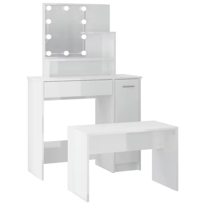 Juego de tocador con LED madera contrachapada blanco brillante - 1