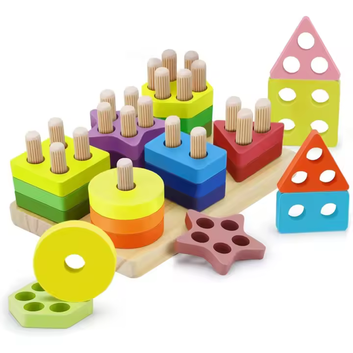 Juguetes Educativos Montessori para niños de 1, 2 y 3 años, tablero de Madera para clasificar y apilar, 24 piezas de Bloques geométricos de Colores degradados y formas, rompecabezas gruesas - 1