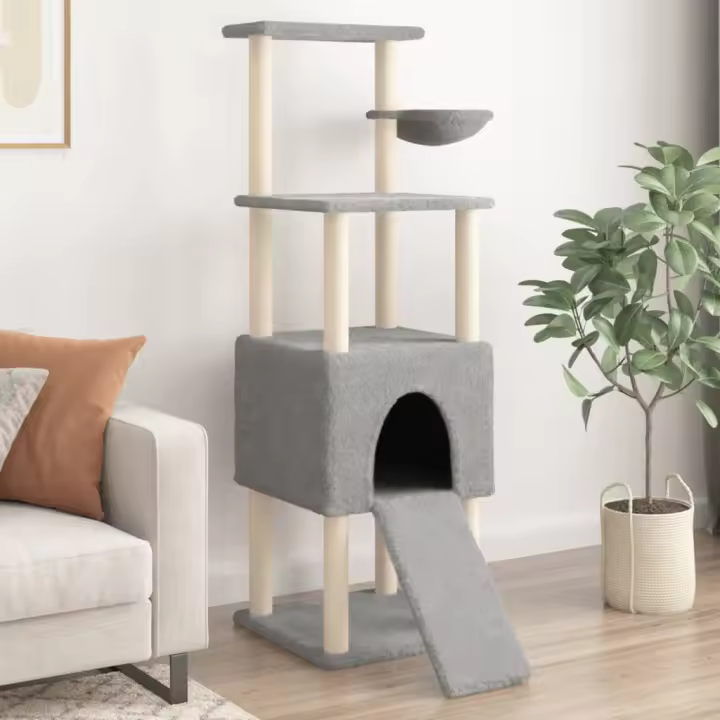 vidaXL Rascador para Gatos con Postes de Sisal Torre Gatitos 153 cm Color Crema,  Gris claro,  Gris oscuro y mas - 1