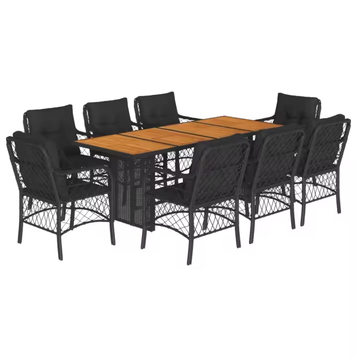 vidaXL Set de comedor de jardín 9 pzas y cojines ratán sintético negro - 1