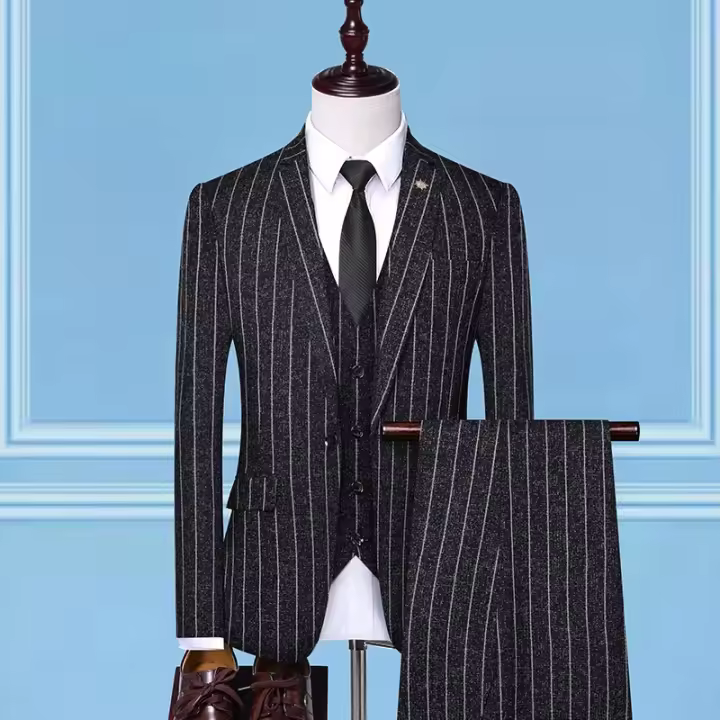 Traje De Negocios Elegante Con Chaqueta Y Pantalón Rayas Verticales Traje Tres Piezas Para Hombre Cierre Único Moda Coreana - 1