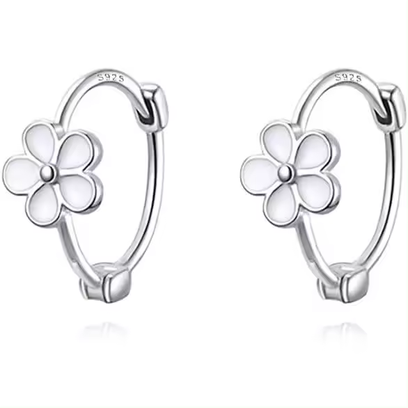 Aros de margaritas de plata esterlina maciza 925 para mujeres y niñas, aros pequeños con flores blancas, aros para cartílago y hélice - 1