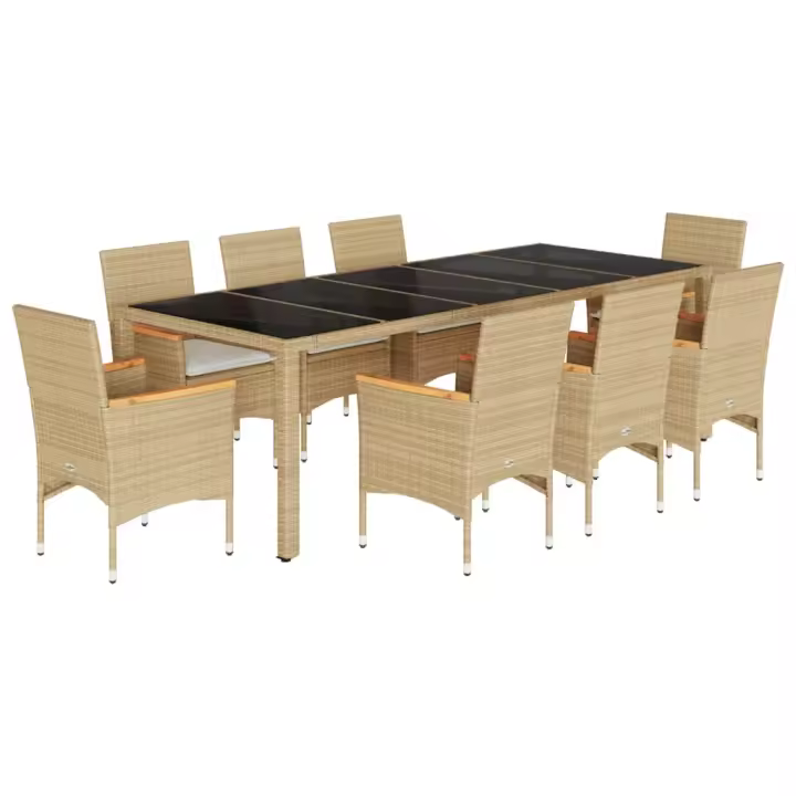 vidaXL Set comedor jardín 9 pzas cojines ratán sintético vidrio beige - 1