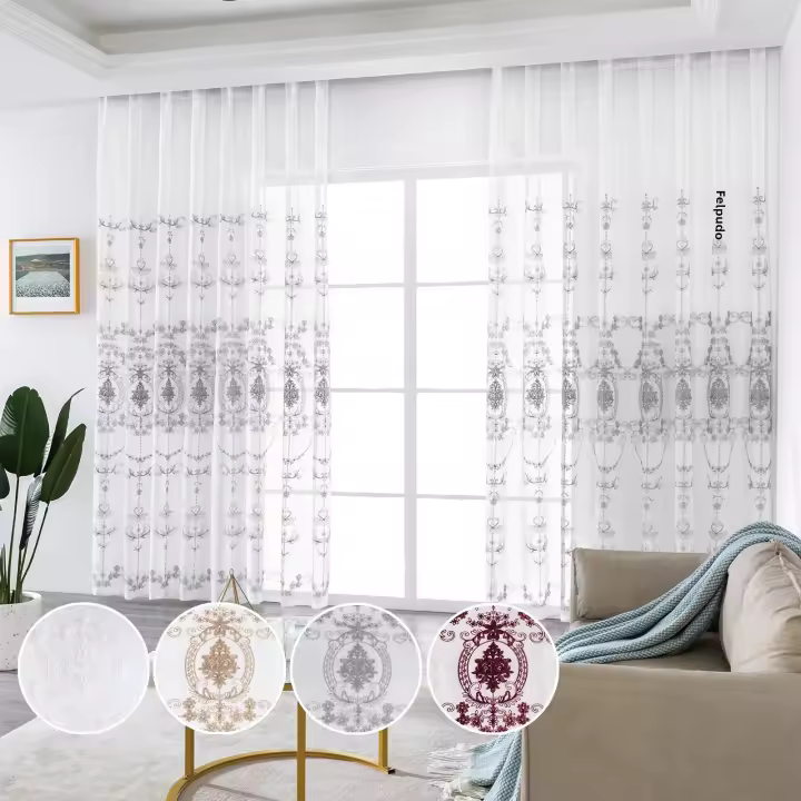 Cortinas Transparentes De Encaje Para Sala De Estar Y Dormitorio Con Ojales 2 Panel Cortina Ligera Para Decoración Del Hogar Estilo Moderno - 1