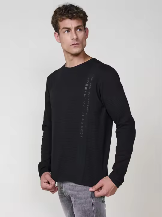 Koroshi - Camiseta hombre manga larga estampada con cuello redondo y abertura estilo henley, 100% algodón, negro o kaki - 1