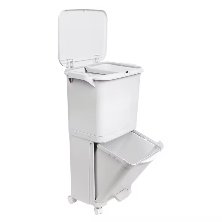 Papelera de reciclaje de clasificación selectiva con pedal, ruedas y asa de doble compartimentos de 38L (24L + 14L) o 42L (24L + 4L + 14L) - 1