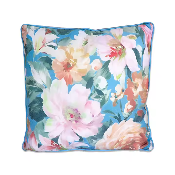 Cojín con Relleno Estampado en Flores Tipo Inglés en Tonos Azules Camilla - Poliéster - Medidas 45x45x10 - Marca Presume de Casa - 1