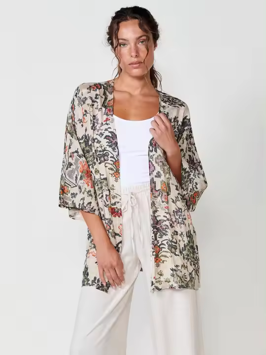 Koroshi Kimono Abierto Satinado con Estampado Étnico en Color Multicolor para Mujer – 100% Viscosa - 1