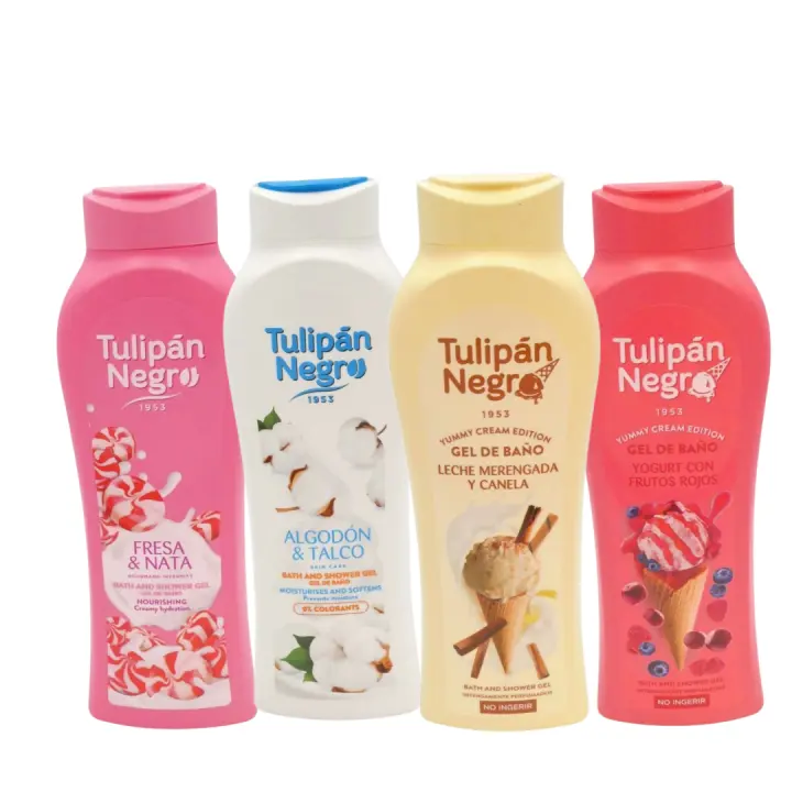 Pack de 4 Geles de Ducha Tulipan Negro – Fresa y Nata, Algodón y Talco, Leche Merengada y Canela, Yogurt con Frutos Rojos: Increíble Aroma, Hidratación para la Piel, Ideal para Regalo. Producto Fabricado por Briseis - 1