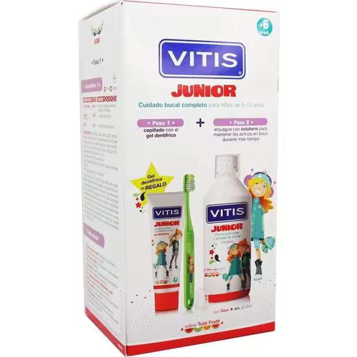 Vitis Junior Pack Colutorio 500 Ml + Gel Dentífrico 75 Ml + Cepillo Dental - Protección Bucal Completa - 1