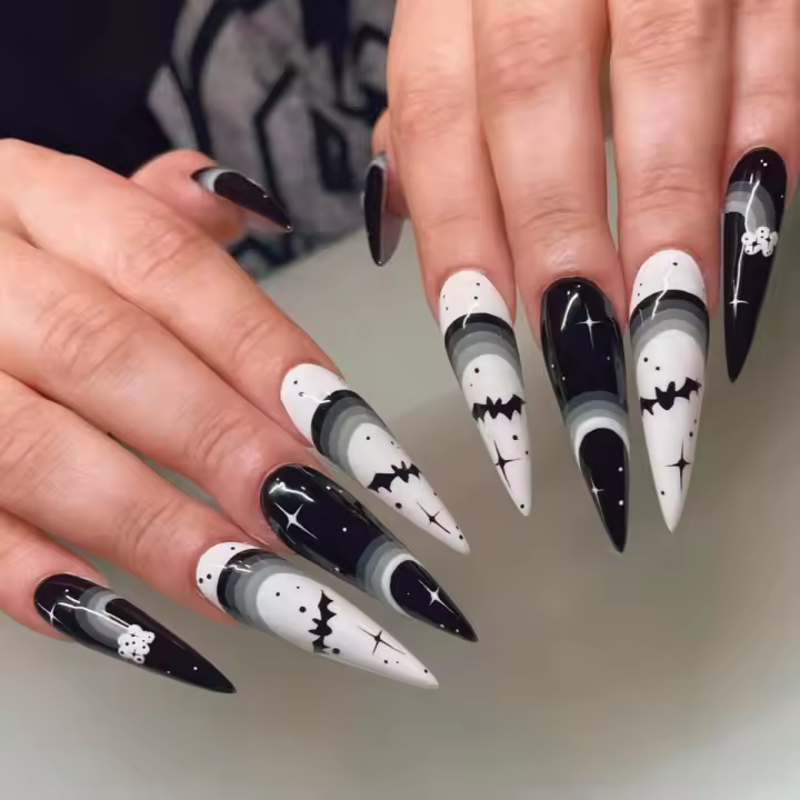 Juego De 24 Uñas Postizas En Forma De Almendra Estilo Punk Con Patrón De Murciélagos Blanco Y Negro Para Halloween - 1