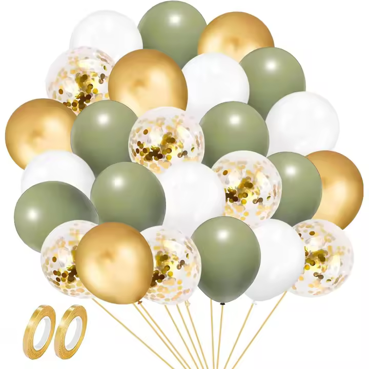 GUO-YING Ballon Vert Olive Or Blanc Ballons 60pcs 30cm Métalliques Confettis Latex Ballons avec Rubans pour Enfants Adulte Anniversaire Mariage Baby Shower Baptême Fête de Décoration (Vert Olive) - 1