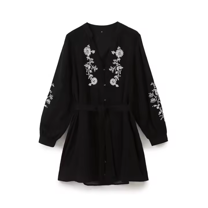 Vestido casual de otoño negro con botones frontales vintage para mujer, cinturón, bordado floral, manga corta/larga y cuello en V. - 1