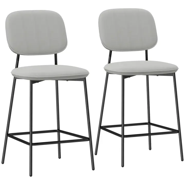 HOMCOM Juego de 2 Taburetes de Bar Taburetes Altos de Cocina con Respaldo y Reposapiés Tapizado en Terciopelo Marco de Acero Taburetes Altos Modernos para Comedor Mostrador Gris Claro - 1