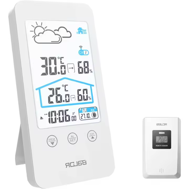 Estación meteorológica inalámbrica con sensor exterior, termómetro higrómetro para interiores y exteriores, pantalla LCD a color, con calendario, pronóstico del tiempo, ℃/℉ conmutable, memoria máx./mín. - 1