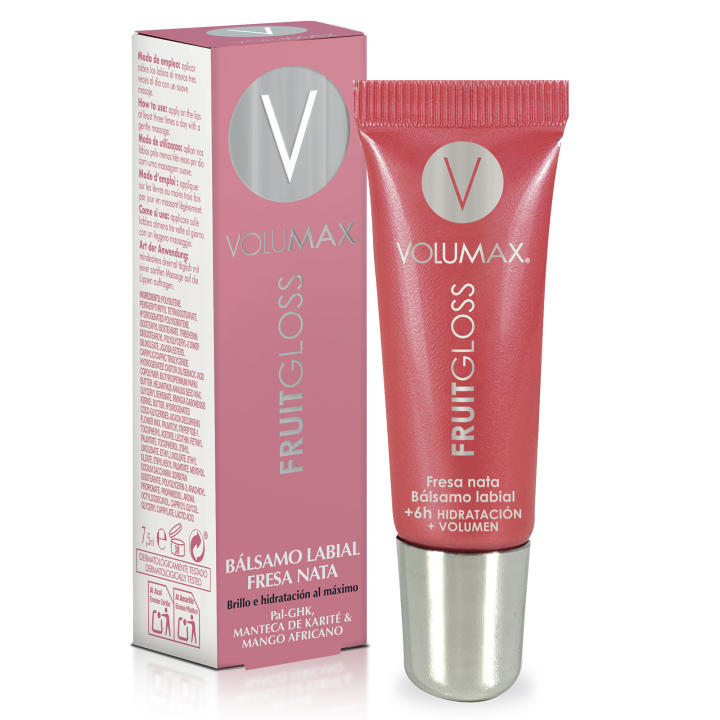 Volumax Fruitgloss Gloss de Labios de Sabor Intenso y Duradero | Óptima Hidratación, Brillo, Confort y Volumen | Sabor Fresa Nata, Fresa Intensa y Canela | Sin Color |  7.5 ml