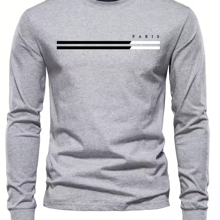Camiseta De Algodón Puro 100% Para Hombre Estampado De PARIS Cuello Redondo Manga Larga Cómoda Y Casual Para El Verano - 1