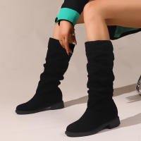 Botas De Media Caña Cómodas Para Mujer Con Punta Redonda, Slip-on, Tacón Medio, Plataforma, Upper De Tela, Suela De TPR, Diseño Clásico. - details 5